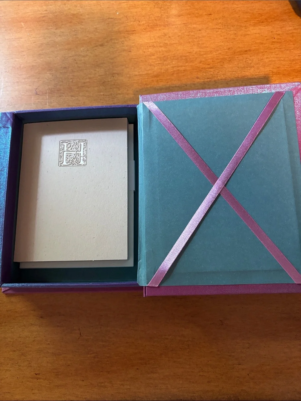 Hallmark Purple fabric stationery box with the letter H.